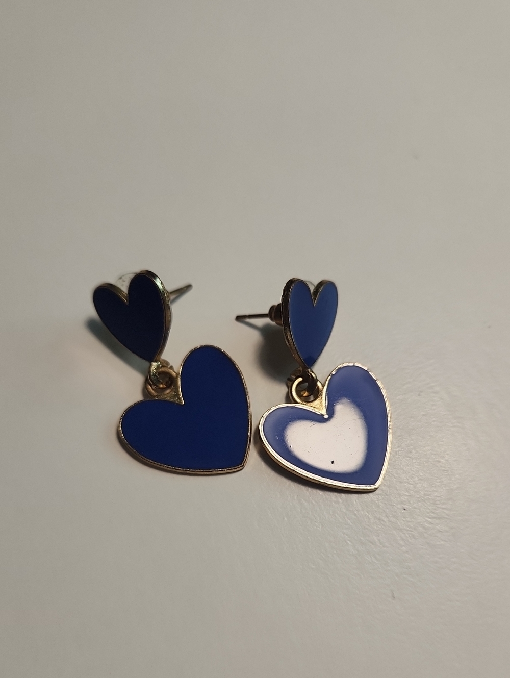 Blue Heart Dangle Earrings - Gold Trim